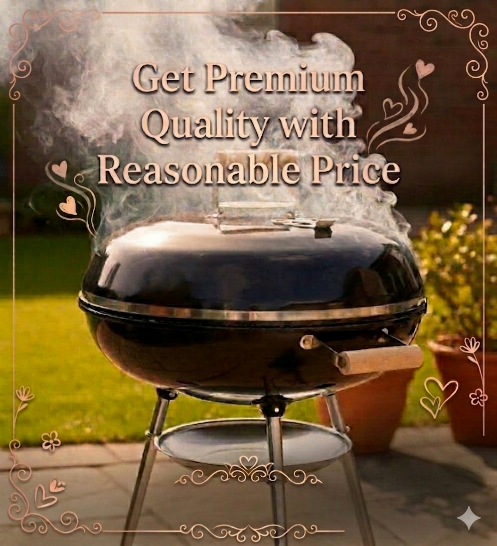 Vota Grills general, unbranded kettle charcoal grill in a garden with rising smoke, featuring the text 'Get Premium Quality with Reasonable Price' in a decorative vintage border.