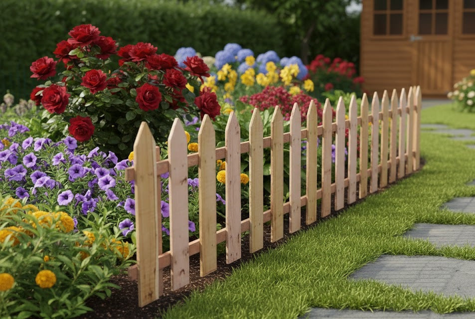 Wooden and metal garden fences around flower beds