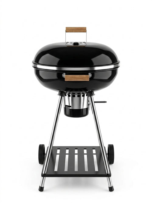 A classic black kettle-style charcoal grill with a stainless steel stand, black grate tray, and light brown wooden handles on a white background.