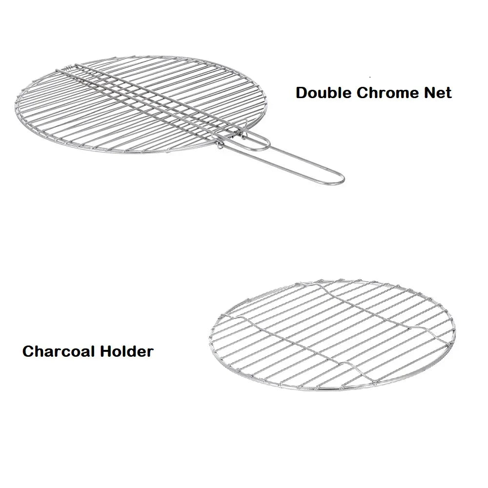 Double chrome net and charcoal holder on a white background