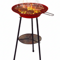 Red portable grill with food cooking over flames on a white background