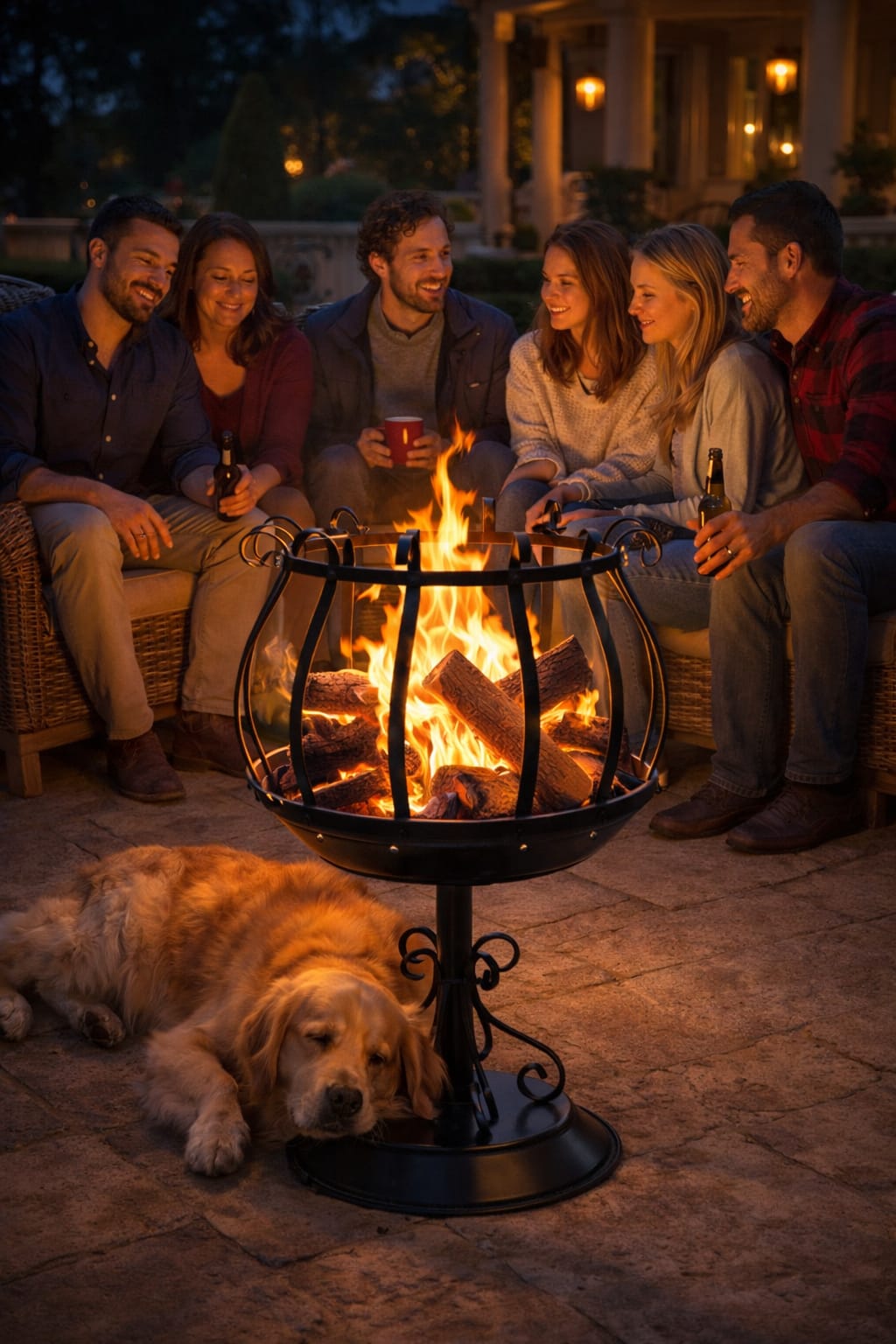 Group of people sitting around a fire pit with a dog on a patio at night.