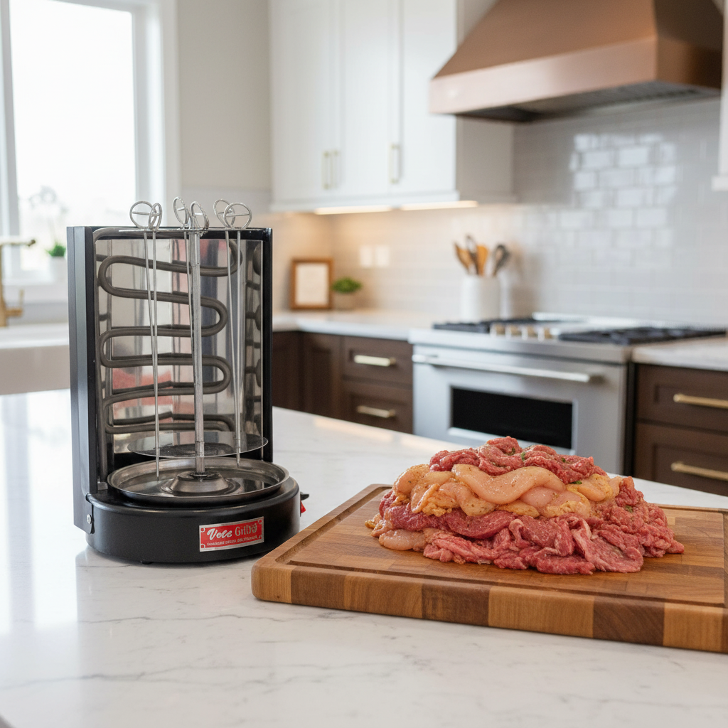 Kebab machine on a kitchen counter with raw meat on a cutting board