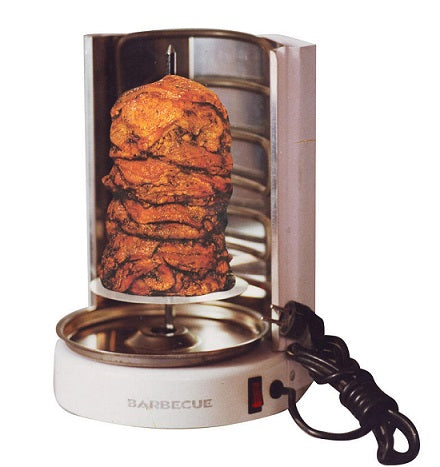 Portable barbecue grill with food on a white background