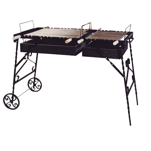 Portable grill with two cooking grids on wheels against a white background vota