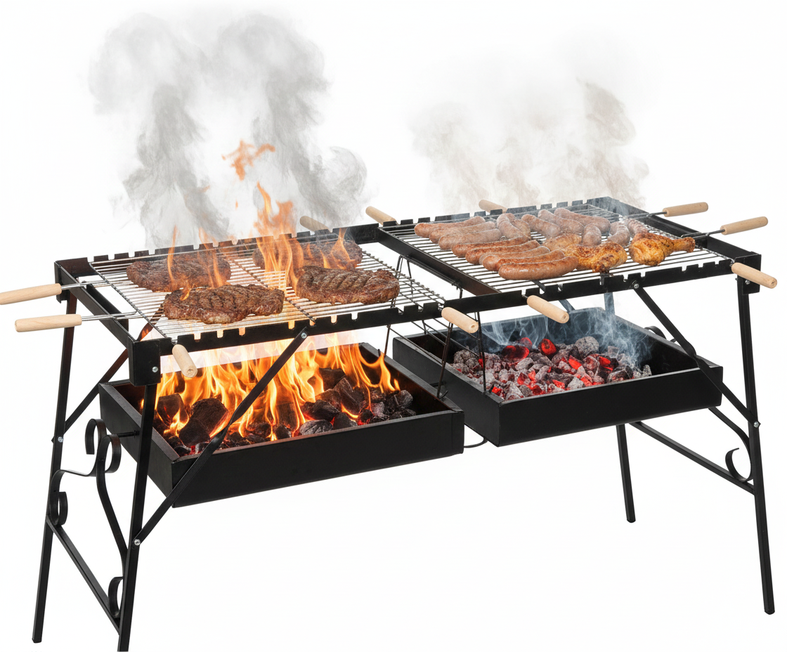 Outdoor grill with food being cooked over flames on a white background
vota شوايه