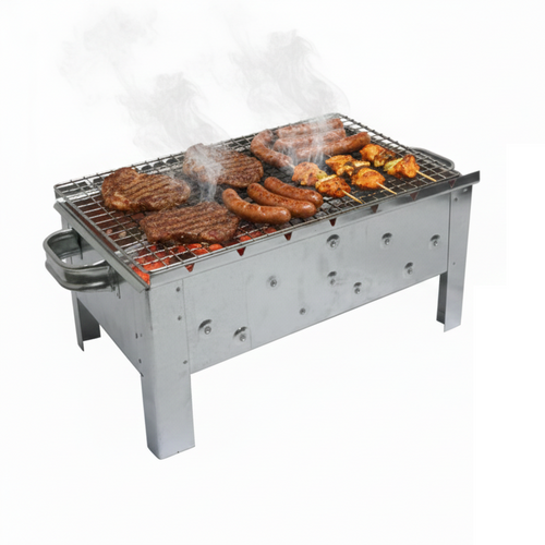 Portable grill with food being cooked on a white background شوايه فحم