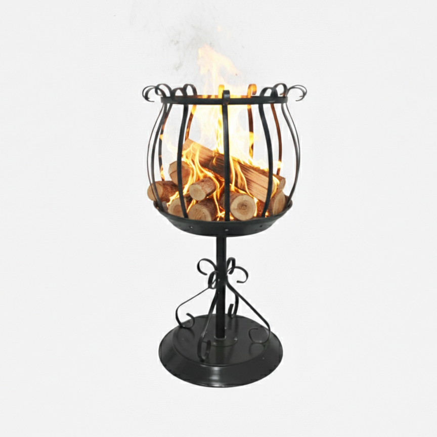 Black metal fire pit with burning logs on a white background