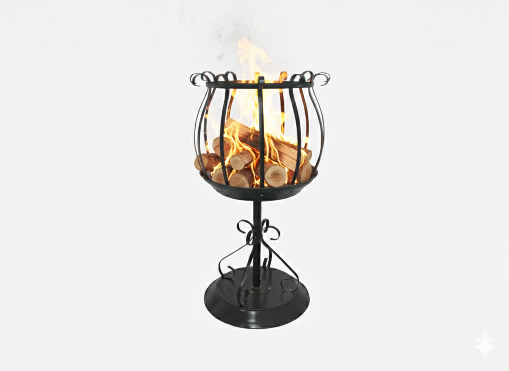Black metal fire pit with burning logs on a white background