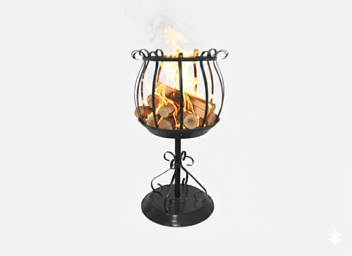 Black metal fire pit with burning logs on a white background