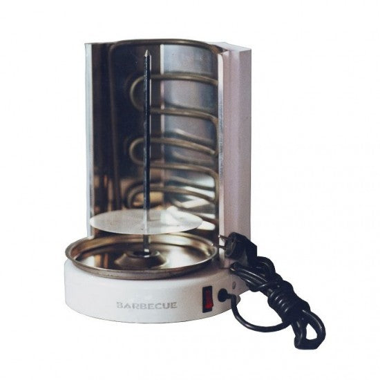 Portable electric barbecue grill with transparent lid on a white background