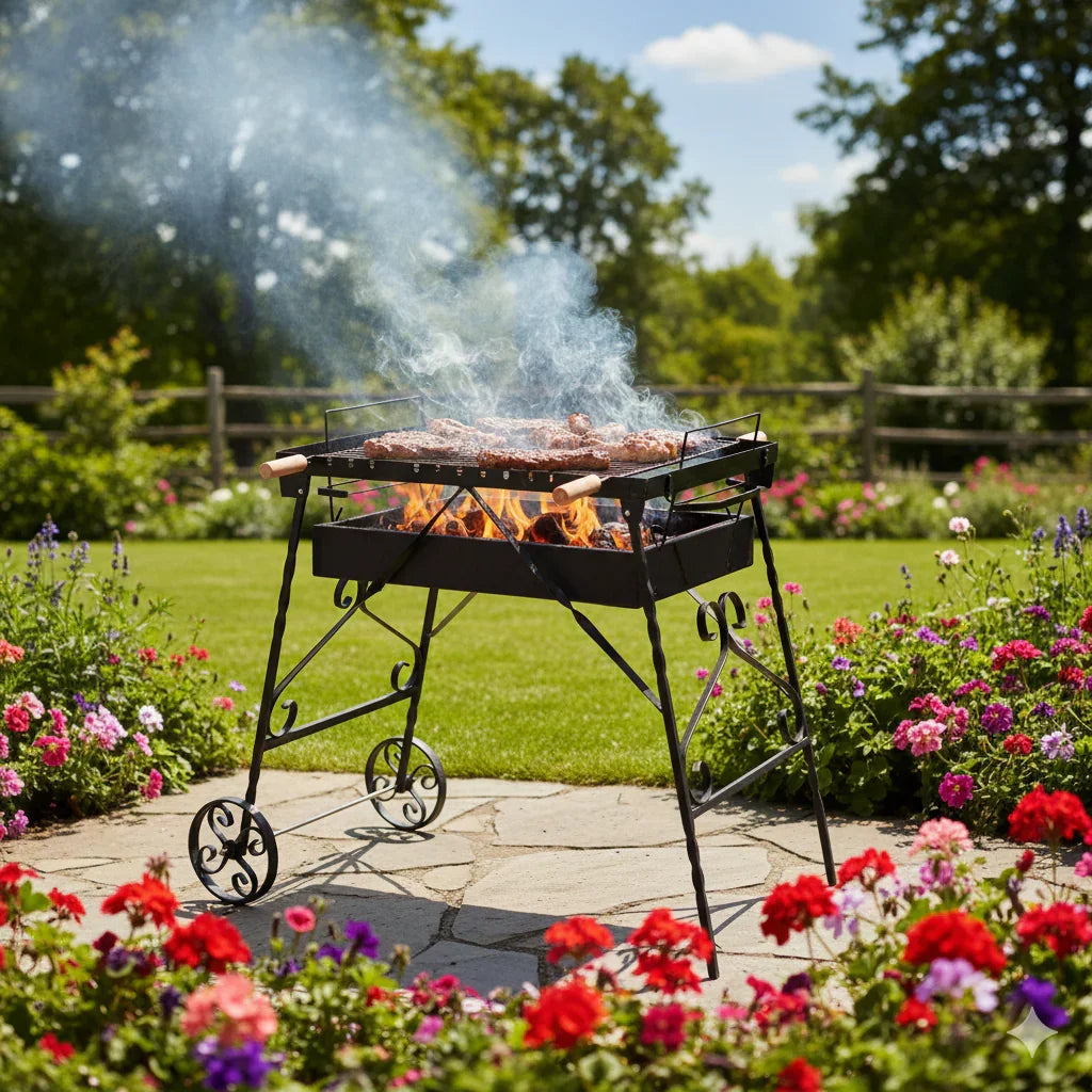 Barbecue grill with food cooking outdoors in a garden setting