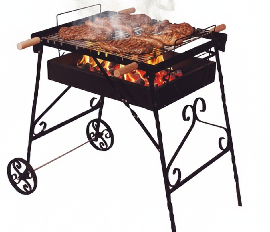 Black barbecue grill with food being cooked over an open flame on a white background