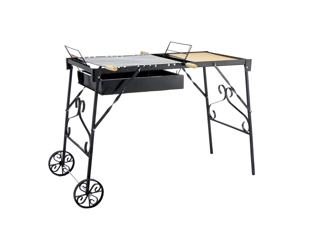 Black metal grill with wheels on a white background vota garden grill شوايه فوتا للحديقه فحم