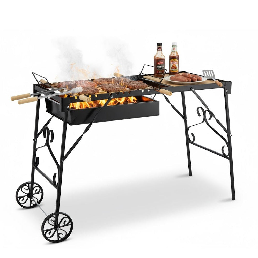 Black barbecue grill with food and bottles on a white background