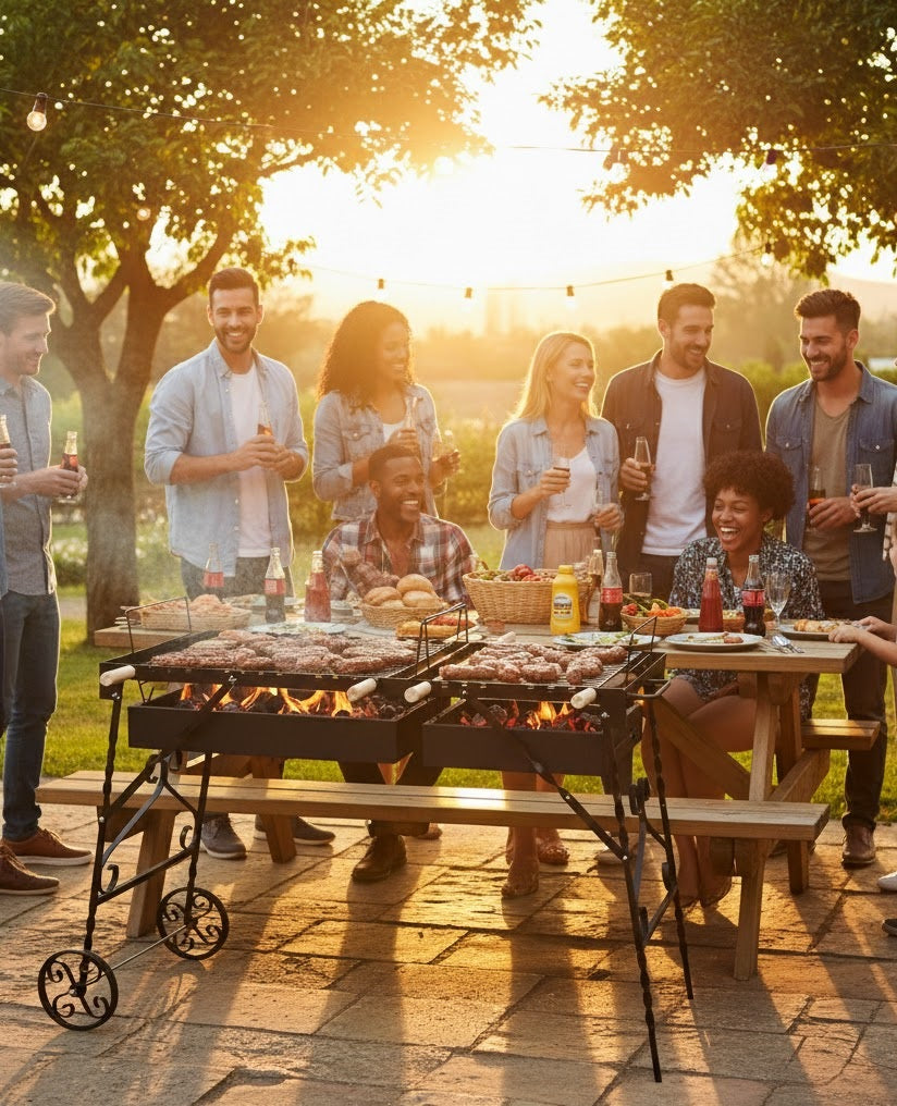 Group of people enjoying a barbecue outdoors with sunset in the background vota grills شوايه