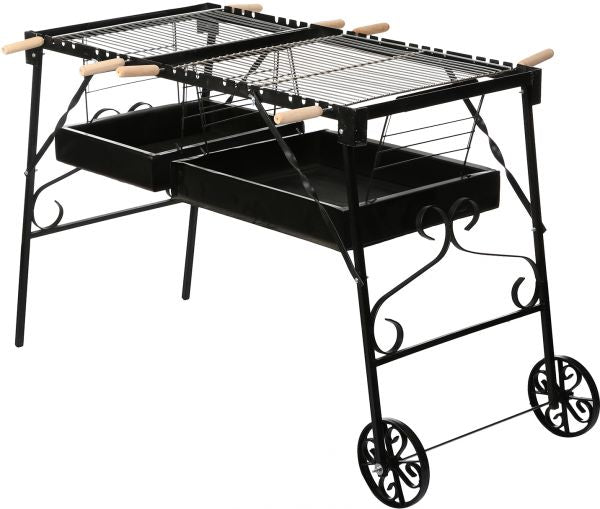 Black metal barbecue grill with wheels on a white background